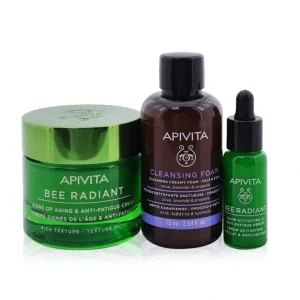 Eye-makeup*Apivita Fresh & Glow (Bee Radiant- Rich Texture) Gift Set: Cream 50ml+ Serum 10ml+ Cleansing Creamy Foam 75ml+ Pouch 3pcs+1pouch - GlowEssence Care - Embrace the Essence of Radiance with Premium Skincare Solutions
