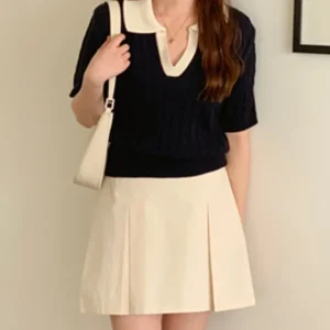 Wash*Trendywhere Contrast Collar Twist Short Sleeve Knitwear Free (XS-M) - GlowEssence Care - Embrace the Essence of Radiance with Premium Skincare Solutions