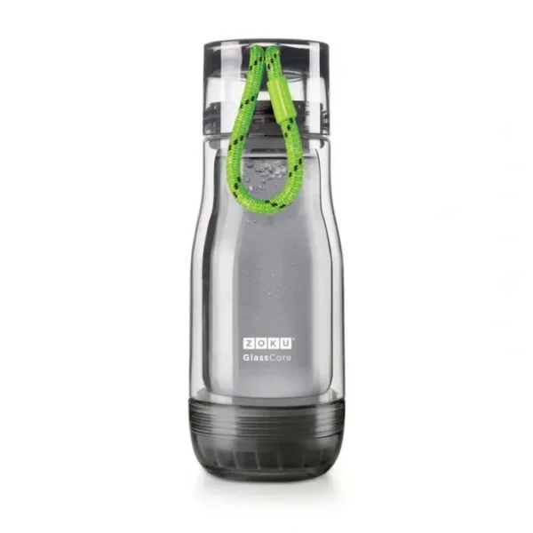 Clearance ZOKU Insulated Double-Walled with Suspended Grey Glass Core Bottle 355ml - Green Strip Fixed Size - GlowEssence Care - Embrace the Essence of Radiance with Premium Skincare Solutions
