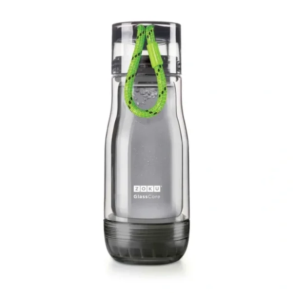Wash*ZOKU Insulated Double-Walled with Suspended Grey Glass Core Bottle 355ml - Green Strip Fixed Size - GlowEssence Care - Embrace the Essence of Radiance with Premium Skincare Solutions